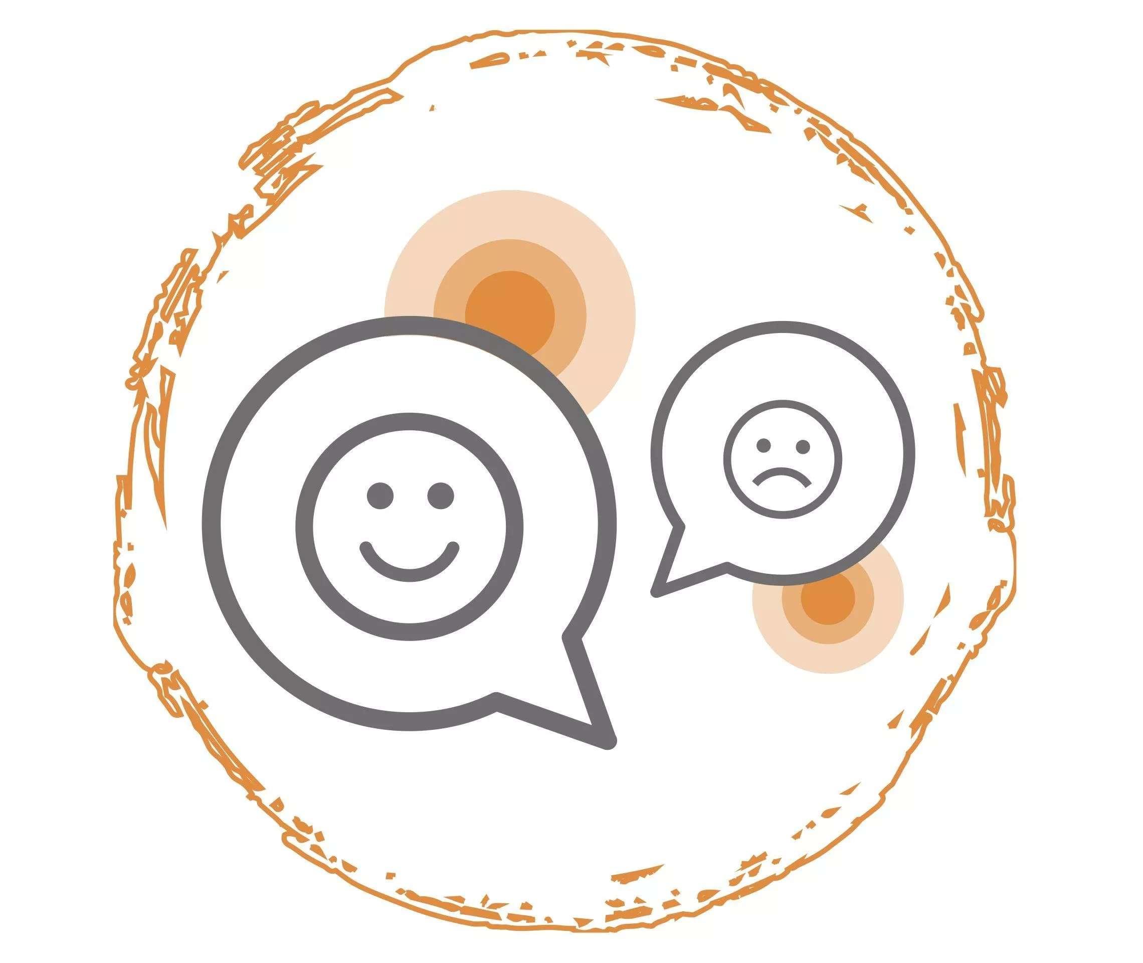 Grafik mit zwei Sprechblasen mit einem glücklichen und einem traurigen Smiley